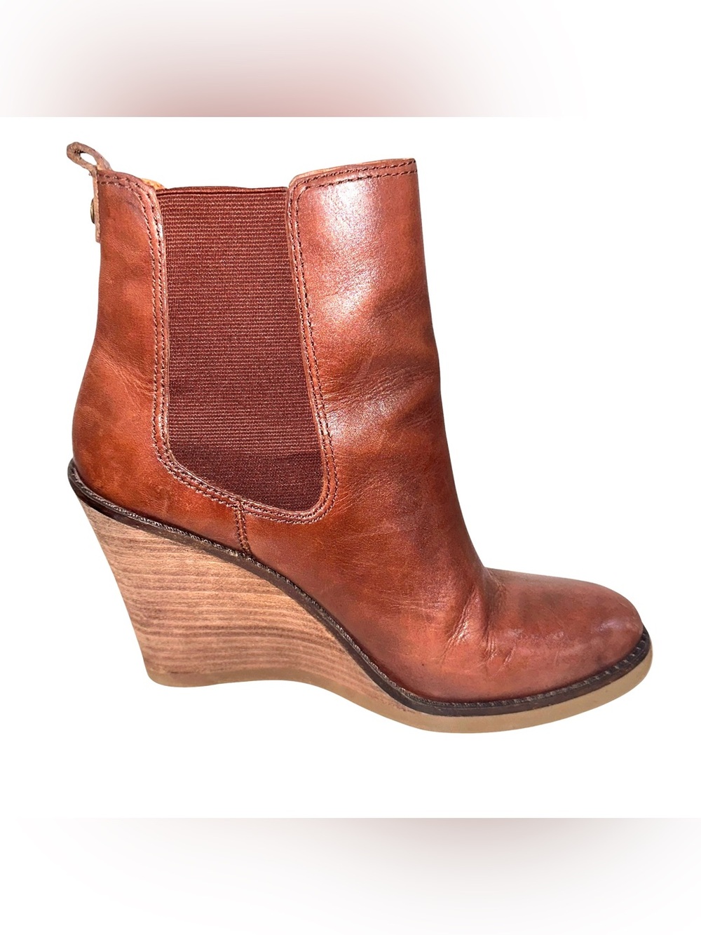 Lucky Brand Size 8M Fedora Leather Chelsea Boots Stacked Wooden Wedge Heels